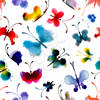 Bright watercolor butterflies on white background. Abstract hand-drawn texture.