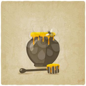 honey pot with bee and wooden dipper on old background. vector illustration - eps 10