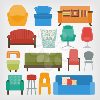 retro 70s furniture set. armchairs, chairs and sofas. vector illustration - eps 8