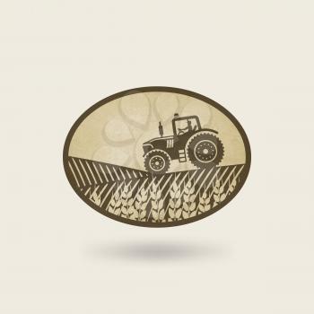 oval label with the landscape. tractor in field. vector illustration - eps 10
