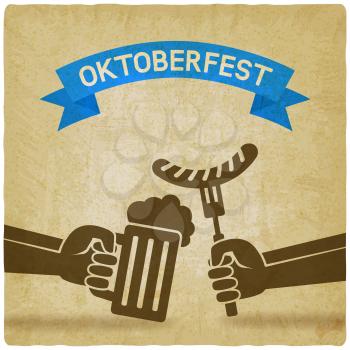 Oktoberfest concept. Hand with beer mug and sausage old background. vector illustration - eps 10