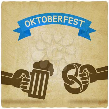 Oktoberfest concept. Hand with beer mug and pretzel old background. vector illustration - eps 10