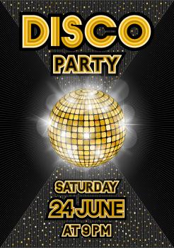 Golden disco ball on black background. Party poster in retro style. vector illustration - eps 10