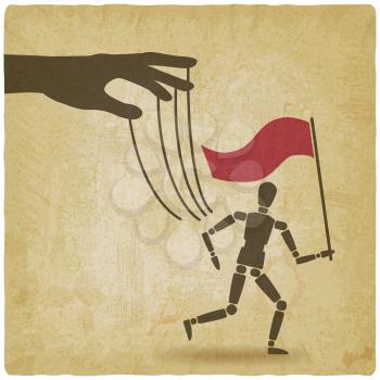 puppet escaping to freedom. concept of liberation vintage background. vector illustration - eps 10