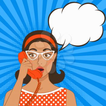 girl with telephone handset on comic book background in retro style. vector illustration - eps 8