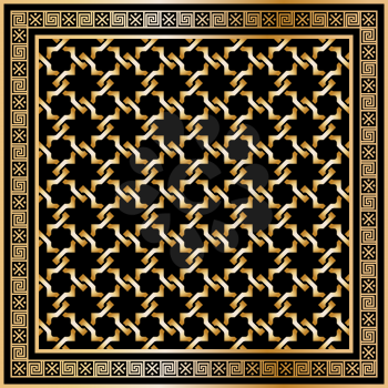 Head scarf golden pattern on black background with border. Vector illustration