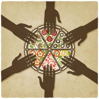 hands stretched to pizza old background. vector illustration - eps 10