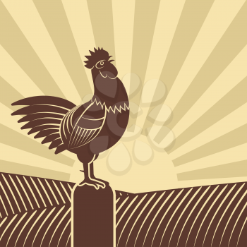 Rooster crowed in farm fields against rising sun. vector illustration - eps 8