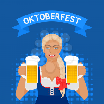 Oktoberfest girl in national dress with beer. vector illustration