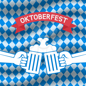 Oktoberfest beer festival poster, menu design. Hands with beer on Oktoberfest checkered background. vector illustration