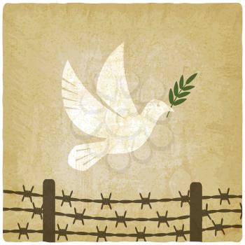 Symbol peace white dove flies over the barbed wire vintage background. vector illustration
