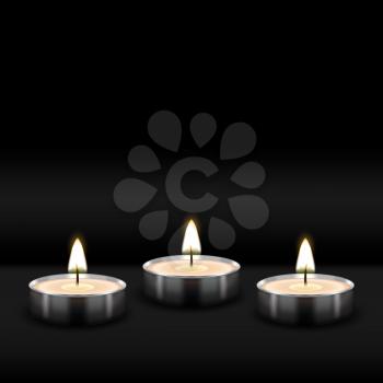 Three tealight burning realistic candles on black background. vector illustration - eps 10