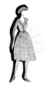 fashion of 20th Century - tweed dress with a pleated skirt in 50th years