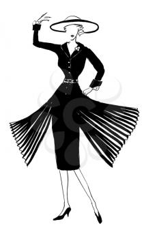 fashion of 20th Century - dark silk dress with sleeves and pleating in 50th years