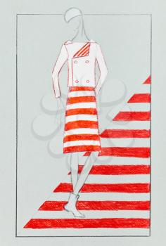 fashion of 20th Century - Women casual suit jacket and skirt in red and white stripes in 60th years