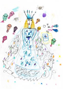 children drawing - young queen and mail parachutes with birthday gifts