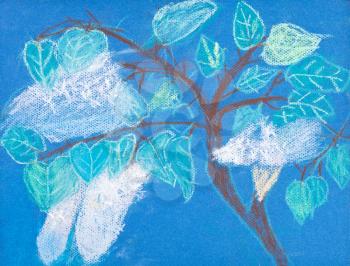 children drawing - tree branch with white blossom in spring