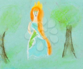 children drawing - princess walking in green forest