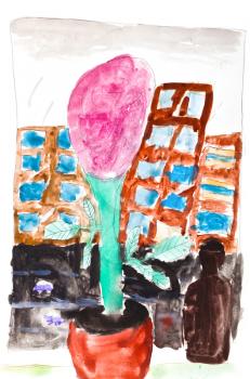 children drawing - pink flower in pot and brown bottle on home windowsill