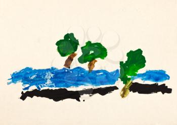 childs painting - three green trees on riverbank