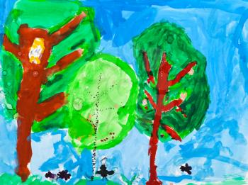 childs painting - summer landscape with three green trees