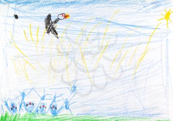 childs drawing - black bird flies to sun under summer fielld
