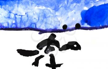 childs drawing - black turtle in white desert under blue sky