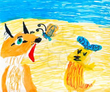 child drawing - fox, chicken and butterfly