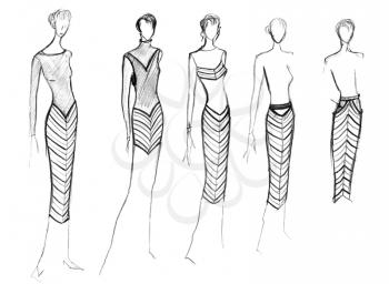 sketch of fashion model - range of clothing with a diagonal stripe