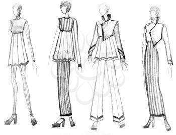 sketch of fashion model - range of striped female clothing