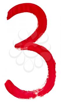 Arabic numeral 3 hand written by red brush on white background