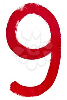 Arabic numeral 9 hand written by red brush on white background