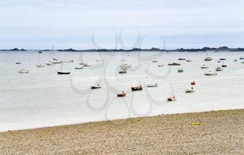 many boat in water of English Channel in Brittany, France