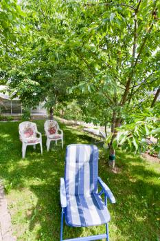 folding chair on backyard in green garden