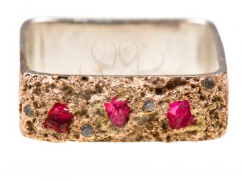 square gold ring with three ruby