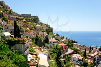 view on town Taormina from Castelmola, Sicily, Italy