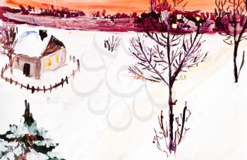 childs painting - winter country night landscape
