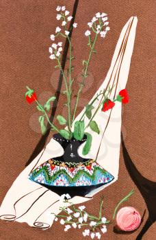 still life with white and red flowers in arabic style bowl