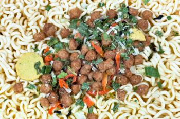 sublimated beef, dried vegetables and instant noodles close up
