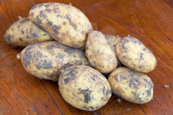 several yellow raw potatoes on wooden table close up