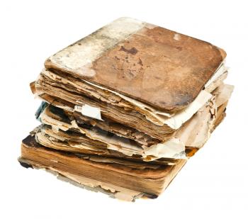 stack of antique books isolated on white background