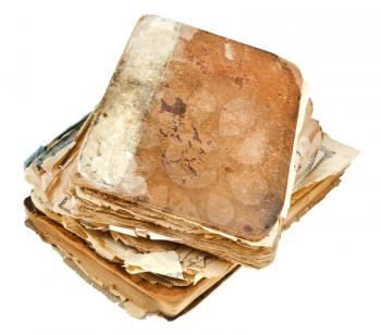 top view of stack of antique books isolated on white background