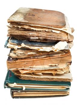 stack of retro books with pages torn out isolated on white background