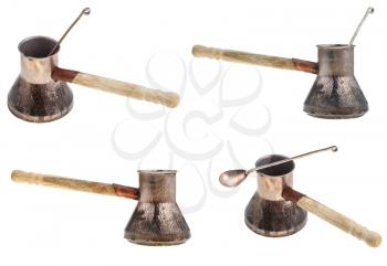 set of vintage long-handled copper pot isolated on white background