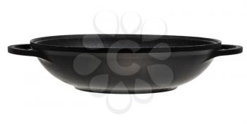 side view of flatter-bottomed wok pan isolated on white background