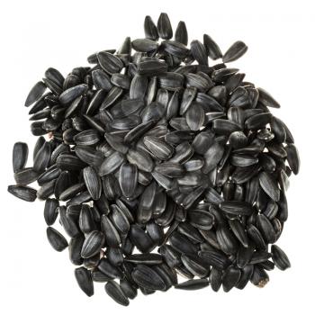 top view of pile of black roasted sunflower seeds isolated on white background