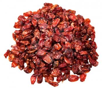 top view of handful red barberries spices isolated on white background
