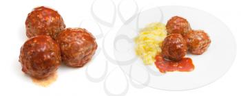 meatballs under meat sauce and mashed potato on plate isolated on white background
