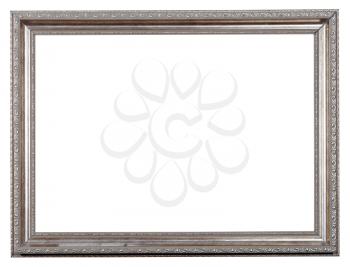 old carved silver wooden picture frame with cut out canvas isolated on white background