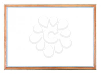 narrow wooden and blue painted horizontal picture frame with cutout canvas isolated on white background